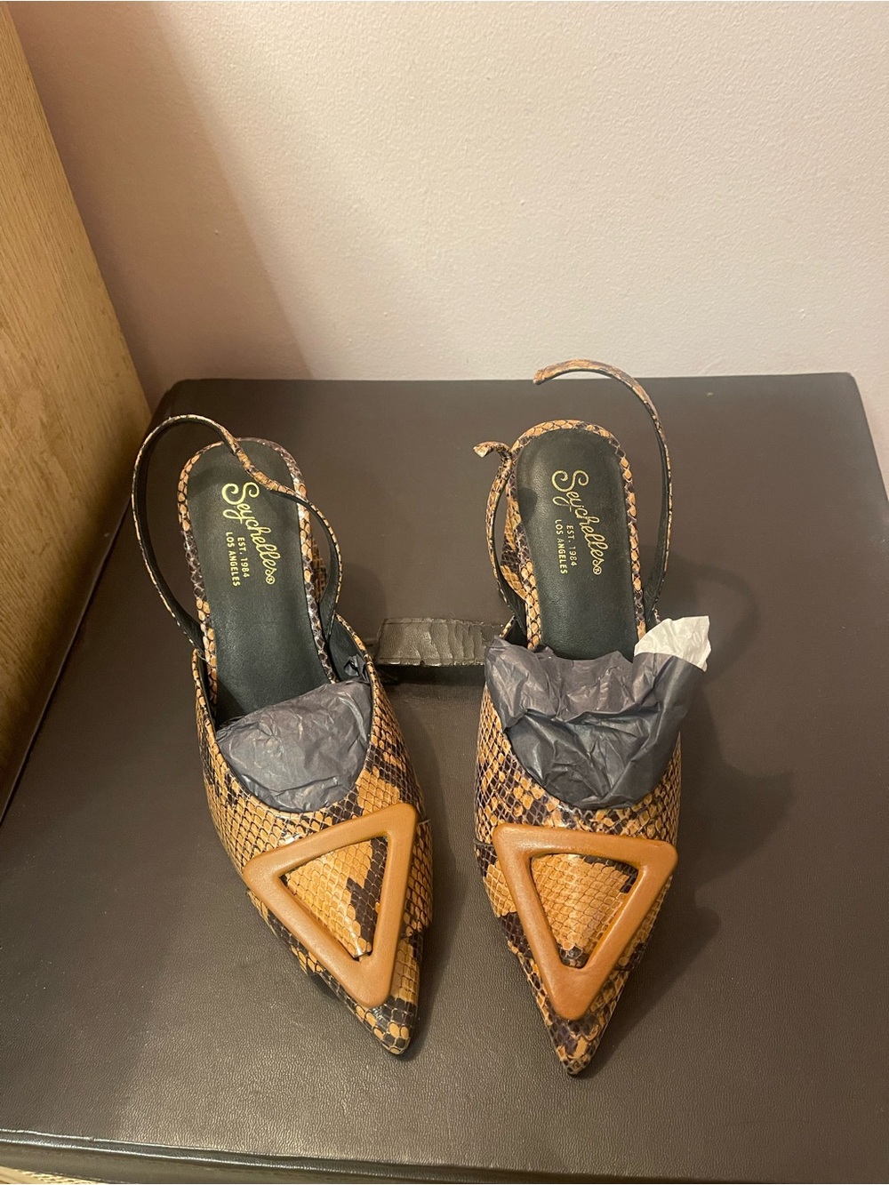 Seychelles Tan Snake-Print Pointed Slingback Heels with Triangular Accent